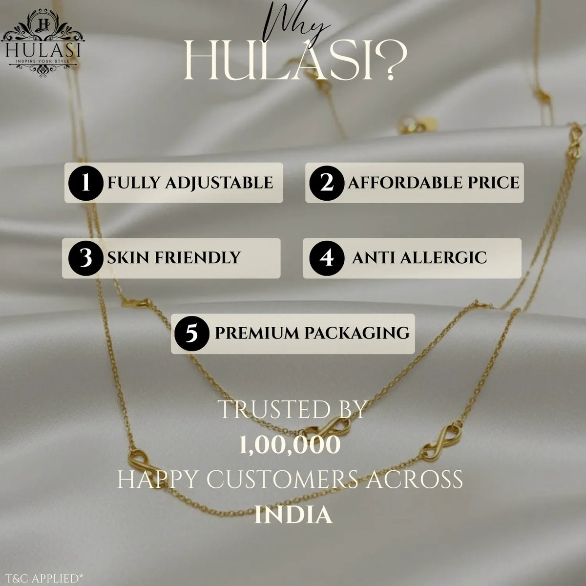 Hulasi 925 Sterling Silver Infinity Chain Necklace For Women & Girls | Gold Finish | 40 Cm