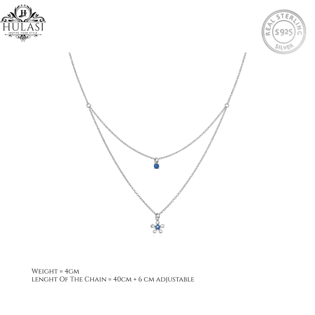 Hulasi 925 Sterling Silver Layered Necklace For Women & Girls | Blue Stone Charm | 40 Cm