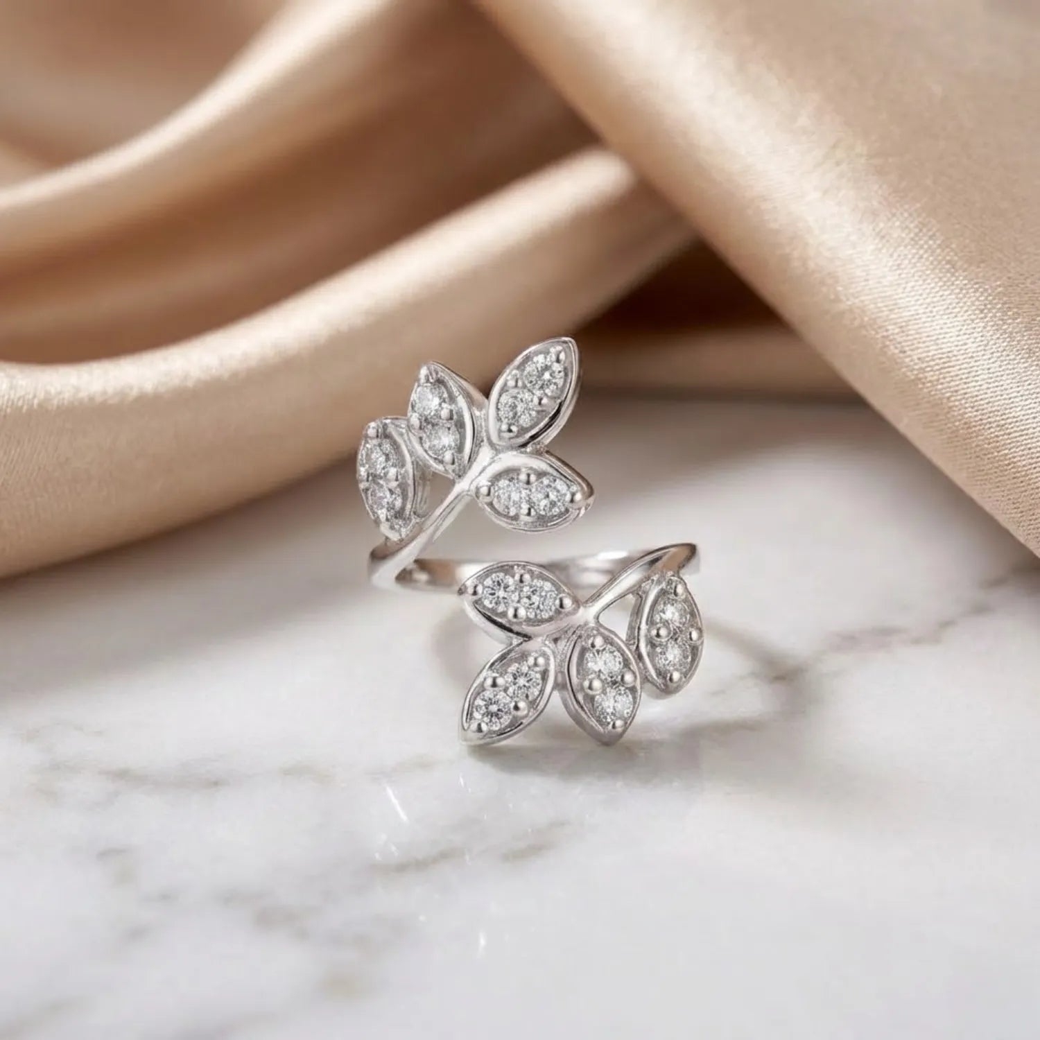 Hulasi 925 Sterling Silver Butterfly Leaf CZ Adjustable Ring for Women