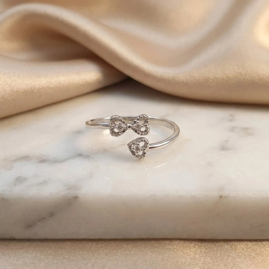 Hulasi Sterling Silver Double Heart Open Adjustable Ring With Cubic Zirconia