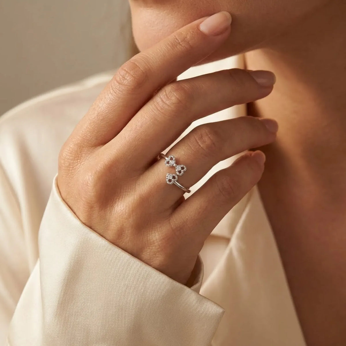 Hulasi Sterling Silver Double Heart Open Adjustable Ring With Cubic Zirconia