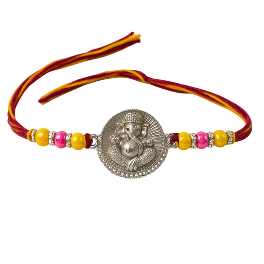 92.5 Pure Silver Rakhi with Ganesh Symbol & Beads and Thread (New Design)